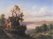 Landscape with a lake and a gothic church.